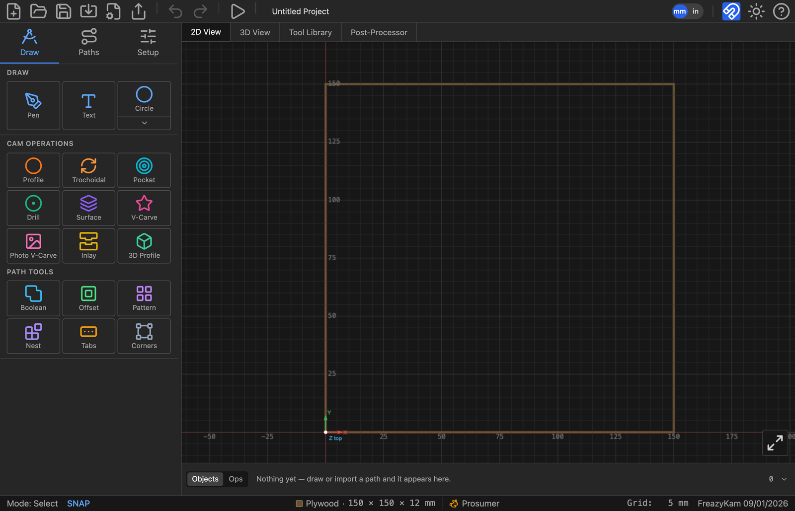 The app on opening: the Draw sidebar listing Draw, CAM Operations and Path Tools; the 2D canvas with the stock outline; the Objects and Ops strip along the bottom