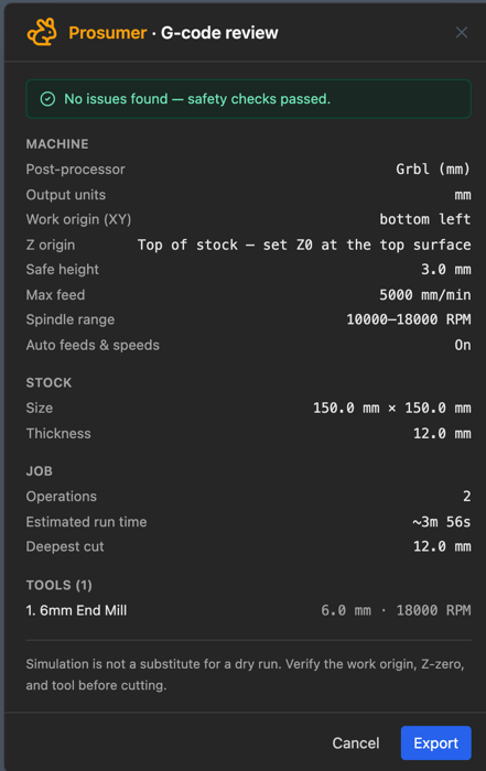 The G-code review dialog showing the machine, stock and job summary