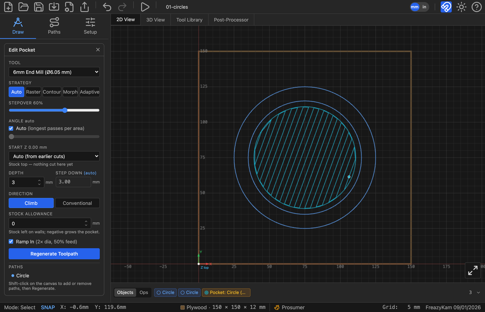 The generated pocket toolpath filling the inner circle