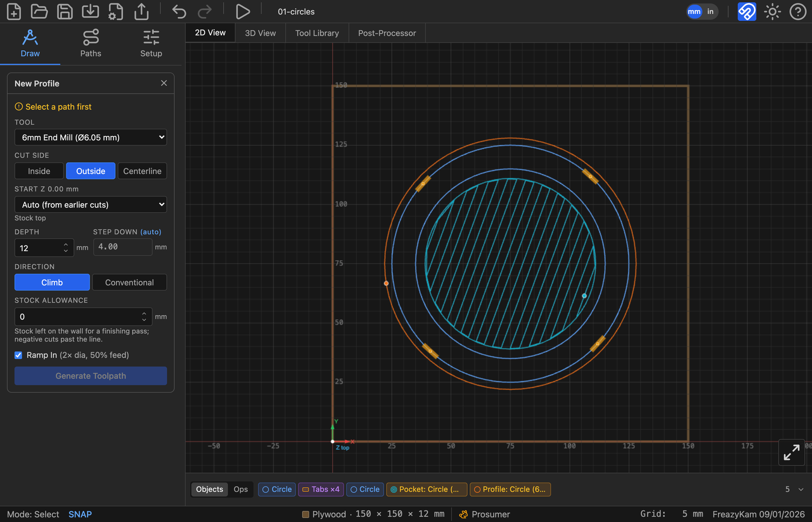 Pocket and profile toolpaths together, with four gaps in the profile where the tabs are