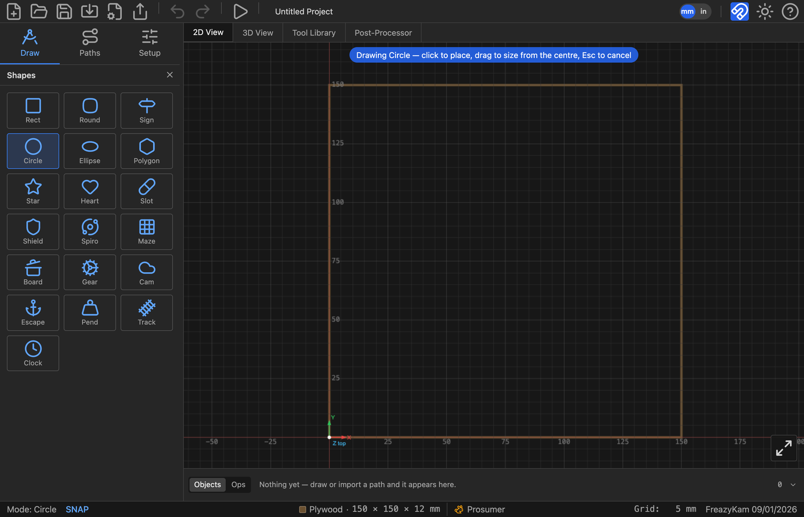 The shape picker filling the sidebar: eighteen shapes plus the clock designer, with Circle selected