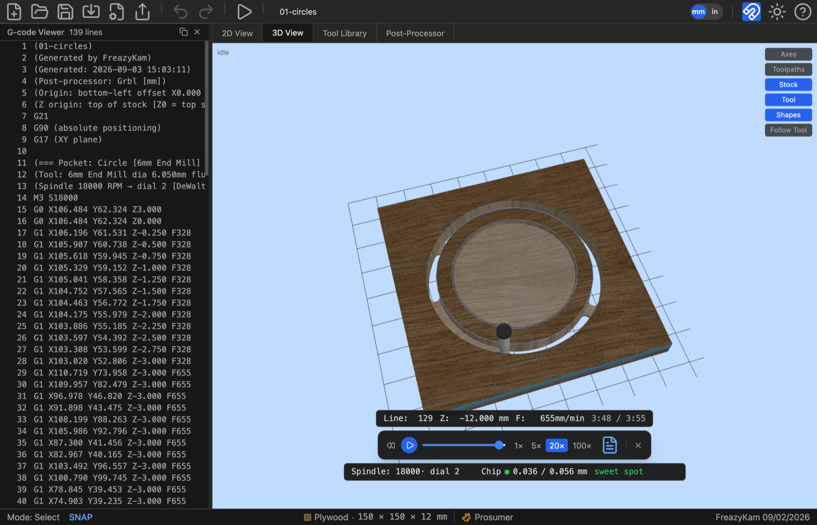 The 3D view part-way through the run: the recess already cut, the outline half way round