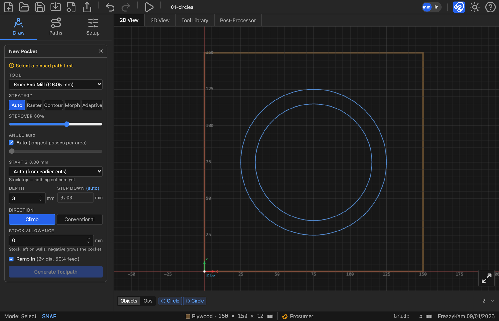 Two concentric circles drawn on the stock, with a chip for each in the Objects strip