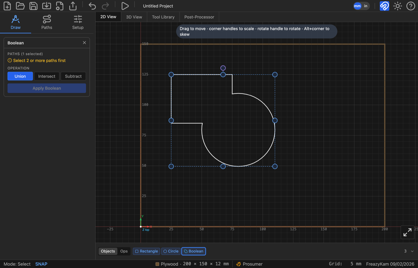 The Boolean form, Union selected, over an L-shaped path and a circle about to be combined