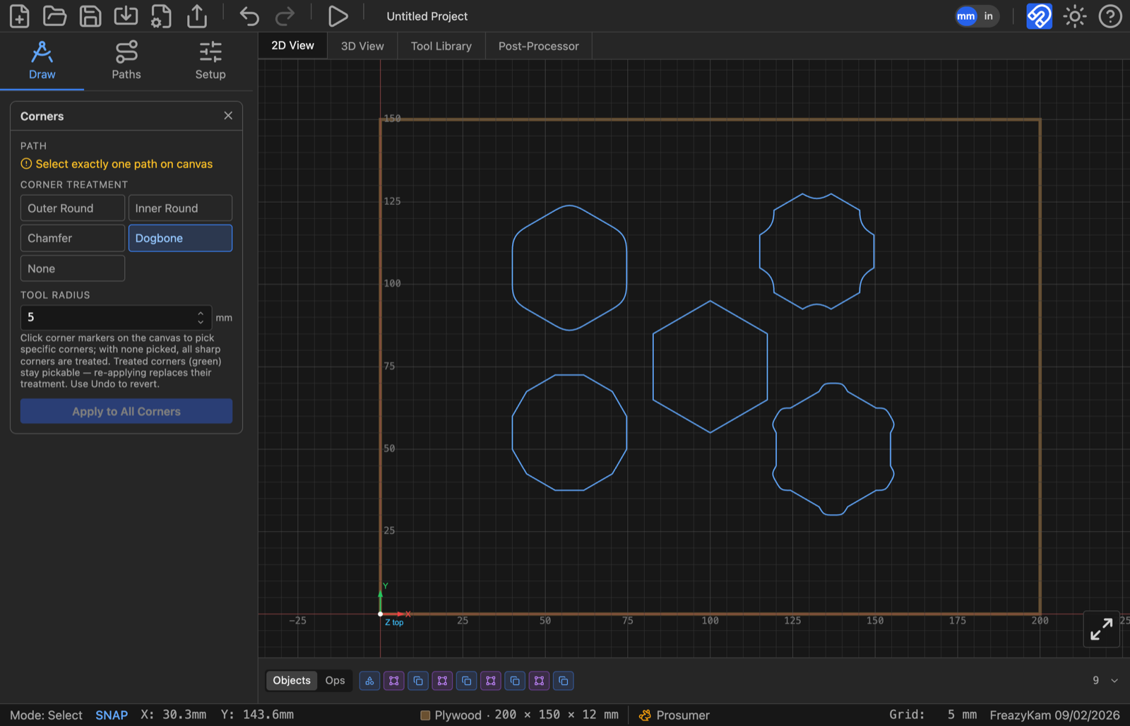 Five polygons with a small notch cut into each corner, from Dogbone at a 5mm tool radius