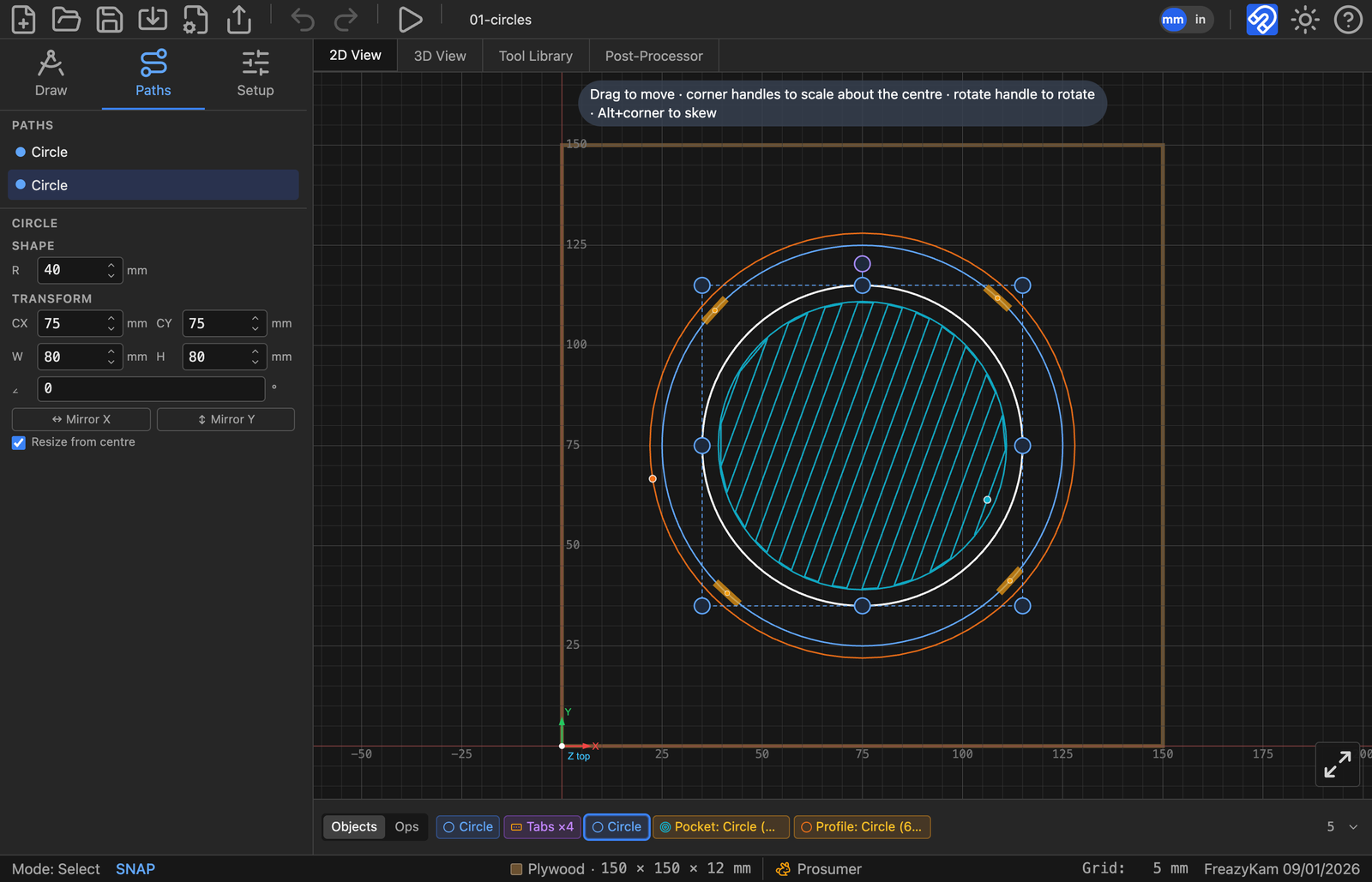 The Paths tab: the path list at the top, the Properties panel for the selected circle below it