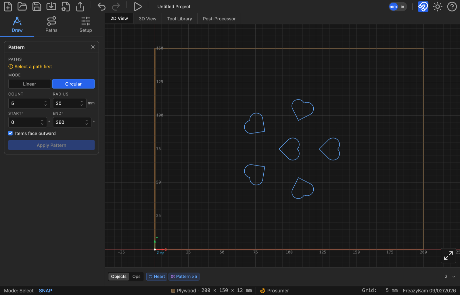 A circular pattern of five hearts around a centre point, each one rotated to point outward