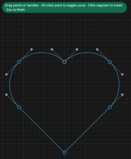 A heart in point-edit mode: anchor points on the outline, handle lines and grey handle dots, the first point drawn in white