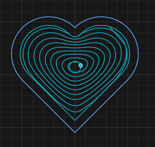 One continuous spiral morphing from the heart outline to a point