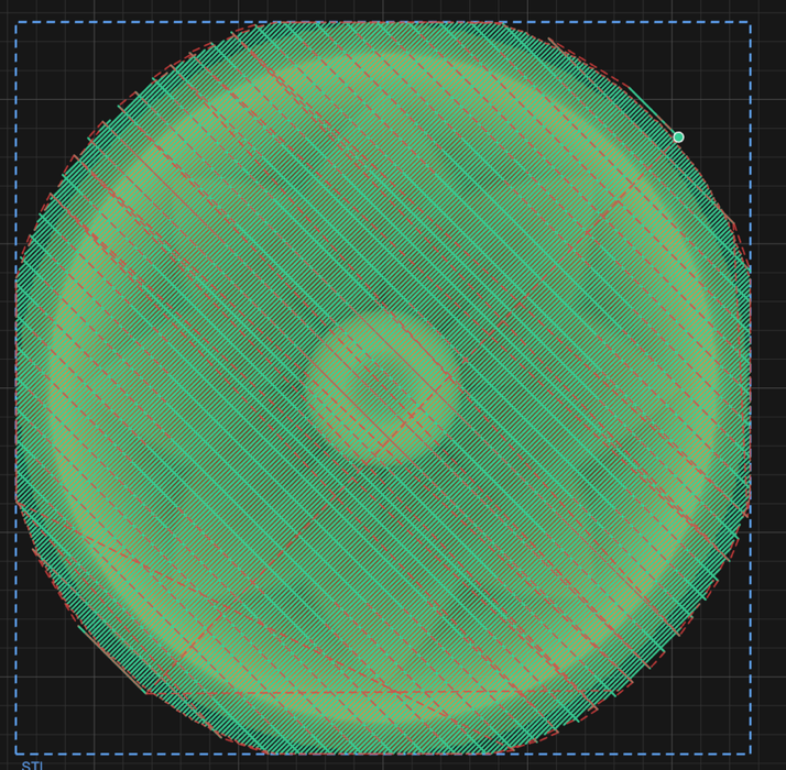 The 2D view with both toolpaths drawn: green finishing passes at 45 degrees and red roughing passes at 135 degrees, crossing each other