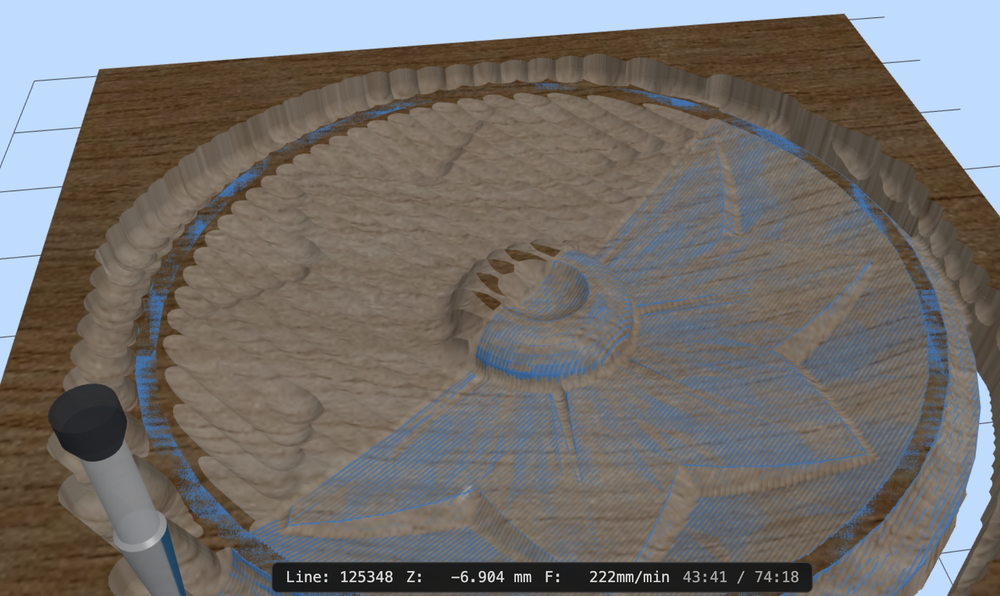The 3D view part-way through a relief carve, roughing scallops visible around the rim and the finishing raster sweeping across