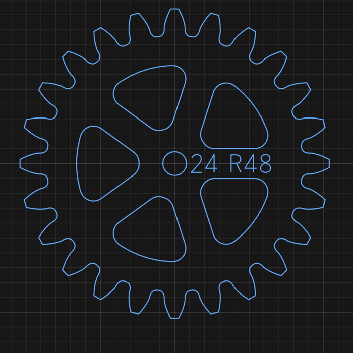 A 24-tooth involute gear with five spokes, engraved 24 R48 across the face