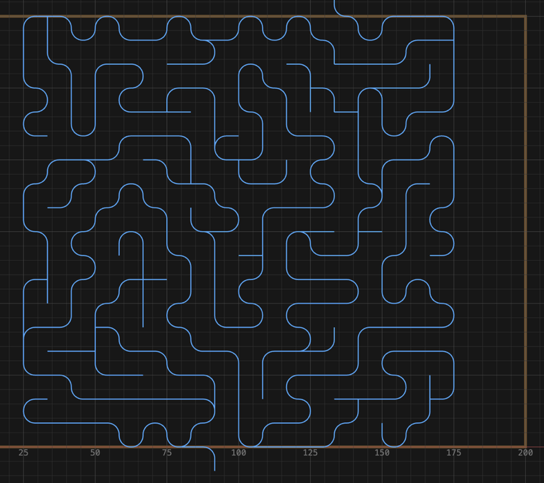 A maze drawn as rounded centreline corridors rather than walls, with a lead running out of the top and the bottom