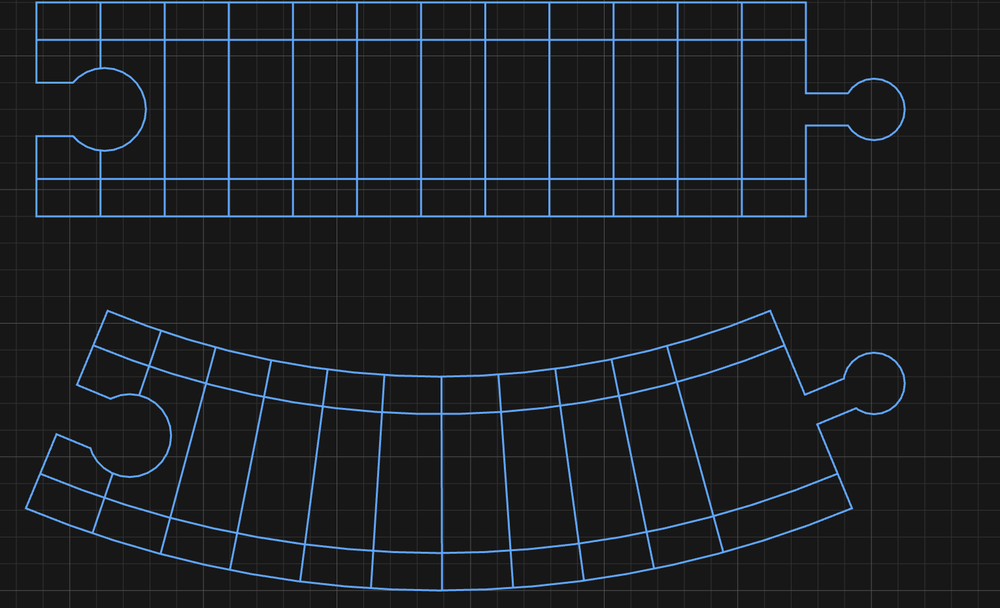 A straight and a curved track piece, each with a socket at one end and a peg at the other, and rail grooves running their length