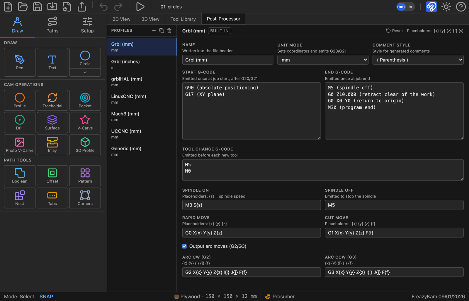 The Post-Processor tab: the profile list on the left and the editor showing start and end G-code, tool change, spindle, move and arc templates