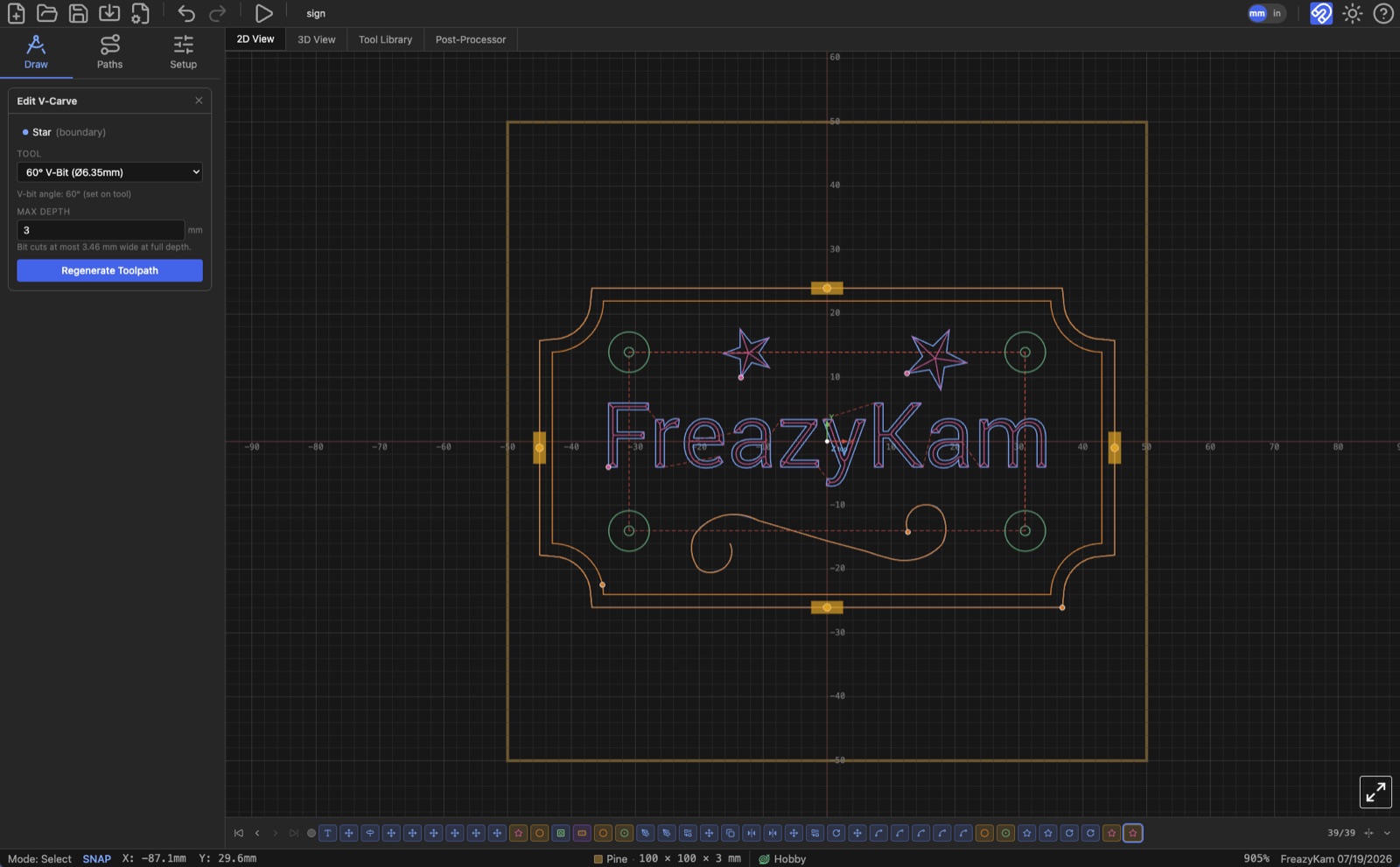 The FreazyKam workspace: a drawing on the canvas, an operation form open on the right, and the objects and operations strips along the bottom.