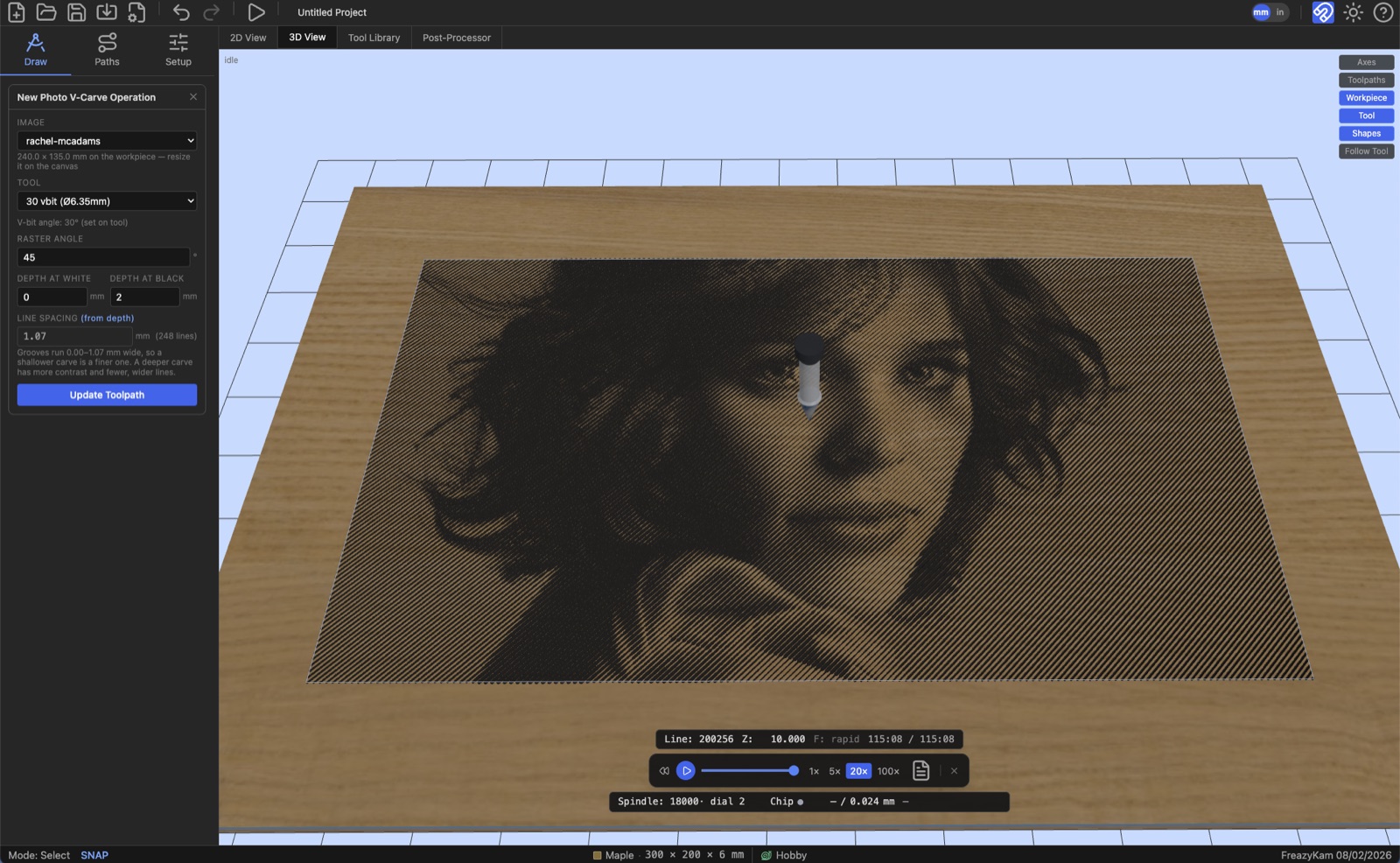 A photograph carved as V-grooves, rendered in the 3D view with the cuts shown dark.