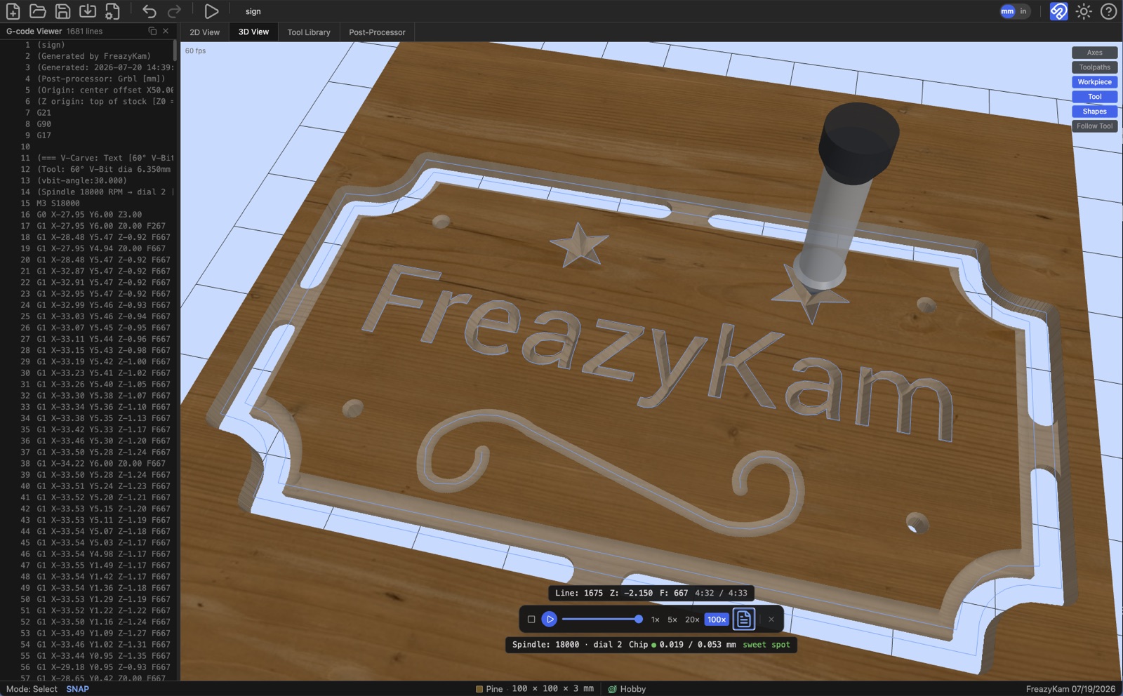 The 3D simulation view, showing material removed from the workpiece as the tool follows the program.
